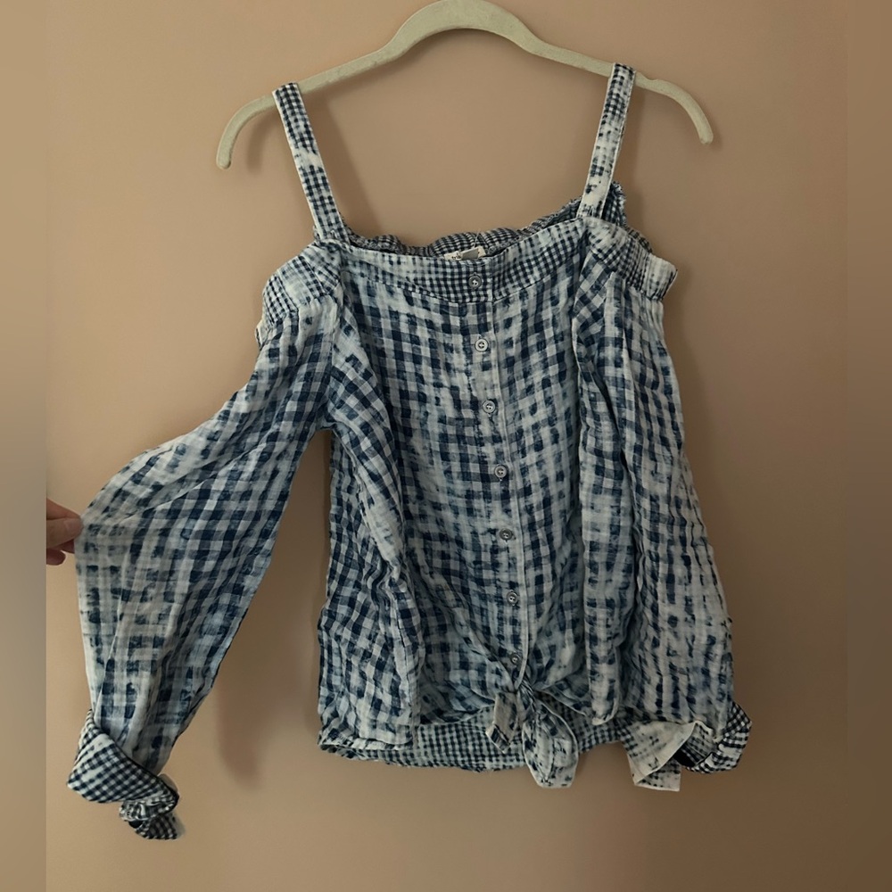 Tribal Jeans Gingham Cold Shoulder Tie Front Top